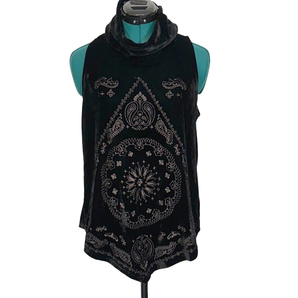 POL Tank Top Velvet Embroidered‎ Cowl Neck Small Black Boho Goth HWT66